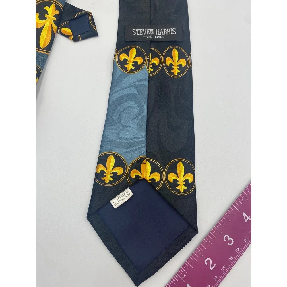 Steven Harris Mens Fleur-de-lis Necktie Black‎ Gold Blue Polyester Hand Made Tie